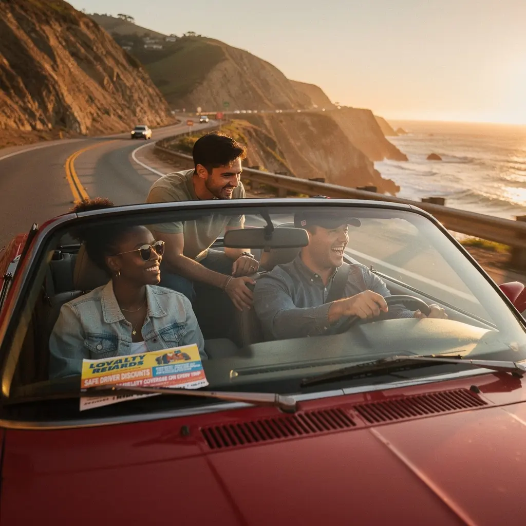 Rodzina podróżująca samochodem z uśmiechami, symbolizująca spokój ducha.