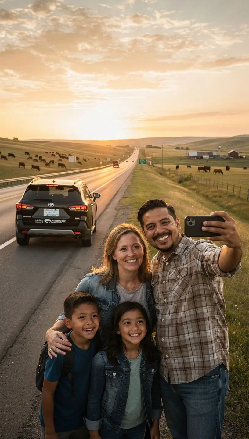Zabezpieczenie pojazdu na drodze z uśmiechniętą rodziną w samochodzie.